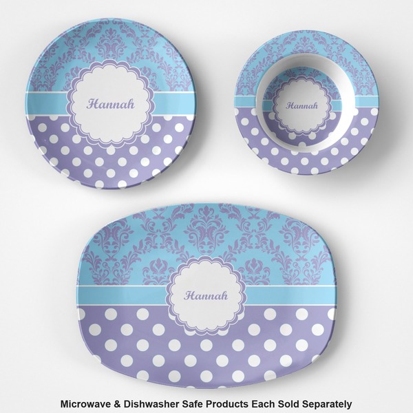 Purple Damask & Dots Microwave & Dishwasher Safe CP Plastic Dishware - Group