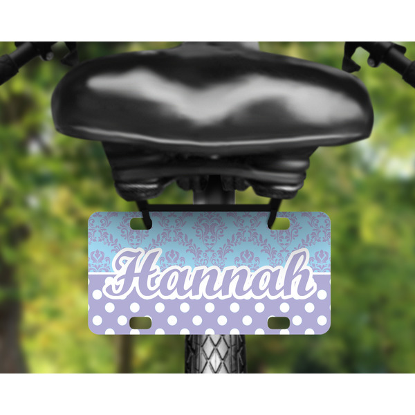 Purple Damask & Dots Mini License Plate on Bicycle