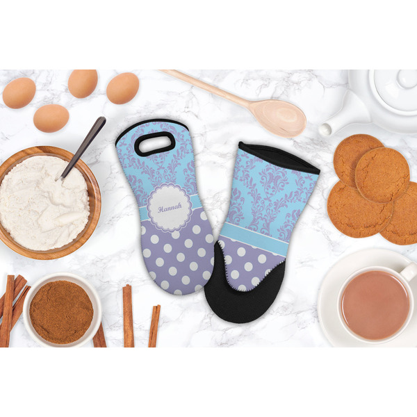 Purple Damask & Dots Neoprene Oven Mitt - Lifestyle Image