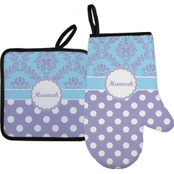 Purple Damask & Dots Oven Mitt & Pot Holder Set w/ Name or Text