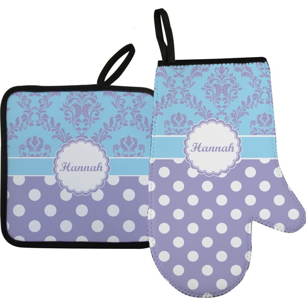 Custom Purple Damask & Dots Right Oven Mitt & Pot Holder Set w/ Name or Text