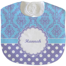 Purple Damask & Dots Velour Baby Bib w/ Name or Text