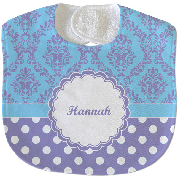 Purple Damask & Dots New Baby Bib - Closed and Folded