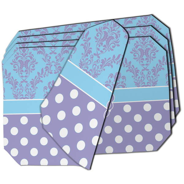 Custom Purple Damask & Dots Dining Table Mat - Octagon - Set of 4 (Double-SIded) w/ Name or Text