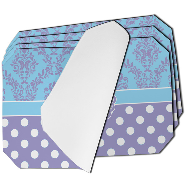 Custom Purple Damask & Dots Dining Table Mat - Octagon - Set of 4 (Single-Sided) w/ Name or Text