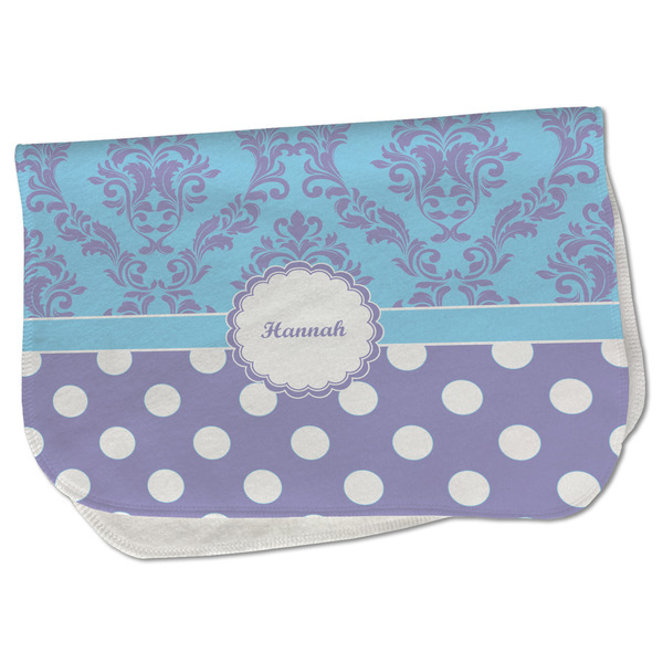 Custom Purple Damask & Dots Burp Cloth - Fleece w/ Name or Text