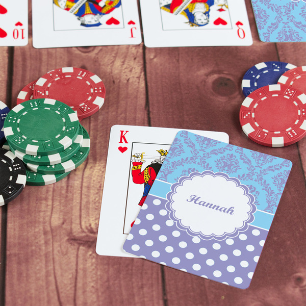 Purple Damask & Dots On Table with Poker Chips