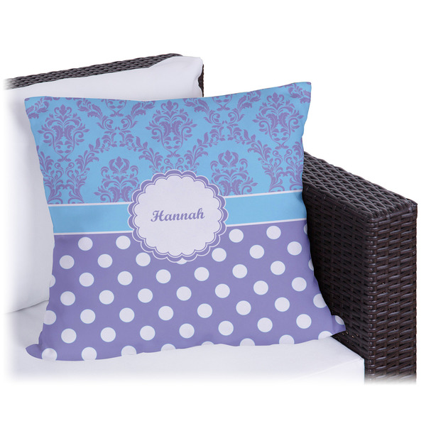 Custom Purple Damask & Dots Outdoor Pillow - 16" (Personalized)