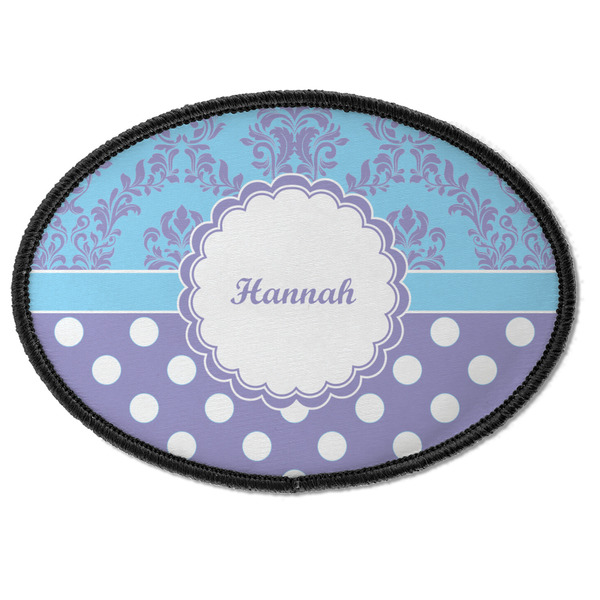 Custom Purple Damask & Dots Iron On Oval Patch w/ Name or Text