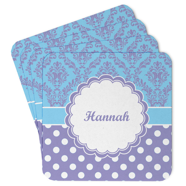 Custom Purple Damask & Dots Paper Coasters w/ Name or Text