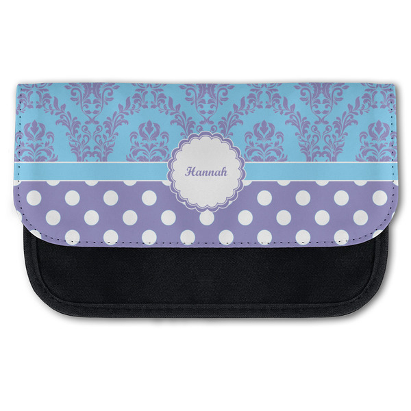 Custom Purple Damask & Dots Canvas Pencil Case w/ Name or Text