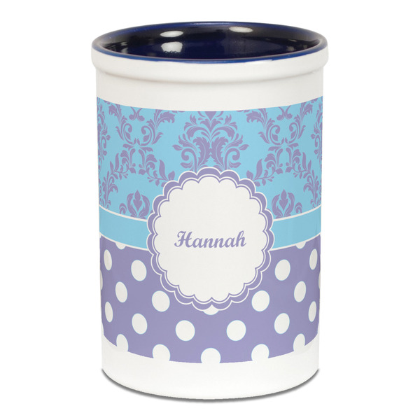 Purple Damask & Dots Pencil Holder - Blue