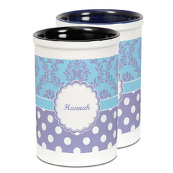 Purple Damask & Dots Ceramic Pencil Holder - Large