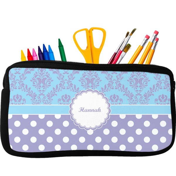 Custom Purple Damask & Dots Neoprene Pencil Case - Small w/ Name or Text