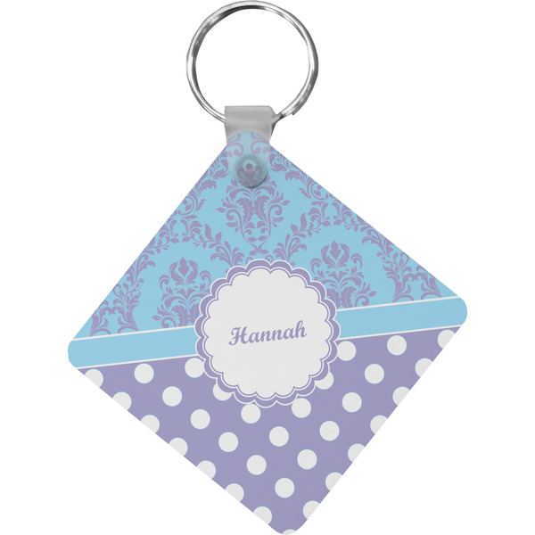 Custom Purple Damask & Dots Diamond Plastic Keychain w/ Name or Text