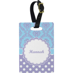 Purple Damask & Dots Plastic Luggage Tag - Rectangular w/ Name or Text