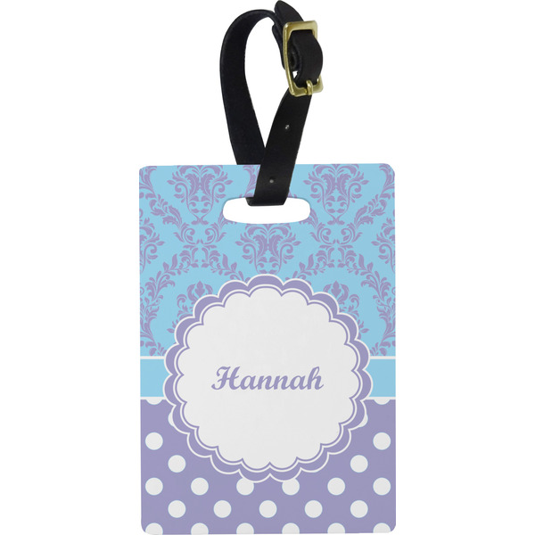 Custom Purple Damask & Dots Plastic Luggage Tag - Rectangular w/ Name or Text