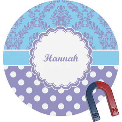 Purple Damask & Dots Round Fridge Magnet (Personalized)