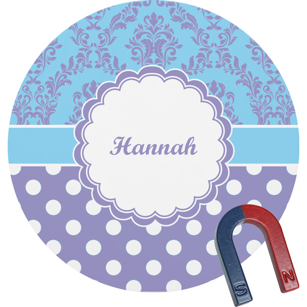 Custom Purple Damask & Dots Round Fridge Magnet (Personalized)