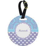 Purple Damask & Dots Plastic Luggage Tag - Round (Personalized)