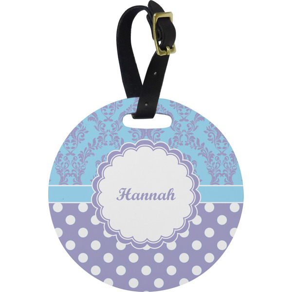Custom Purple Damask & Dots Plastic Luggage Tag - Round (Personalized)