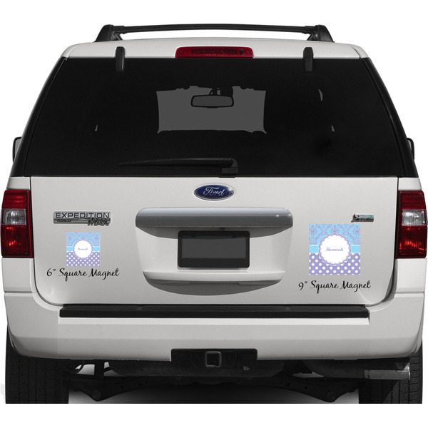 Purple Damask & Dots Personalized Square Car Magnets on Ford Explorer
