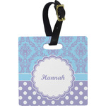 Purple Damask & Dots Plastic Luggage Tag - Square w/ Name or Text