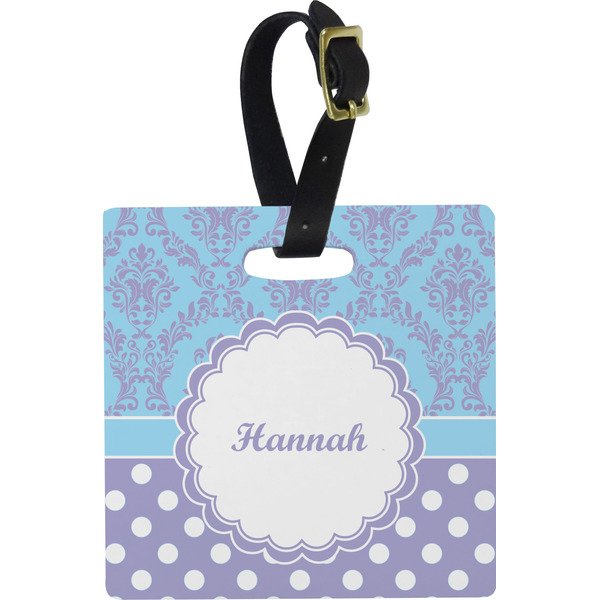 Custom Purple Damask & Dots Plastic Luggage Tag - Square w/ Name or Text