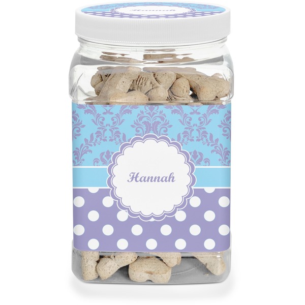 Custom Purple Damask & Dots Dog Treat Jar (Personalized)