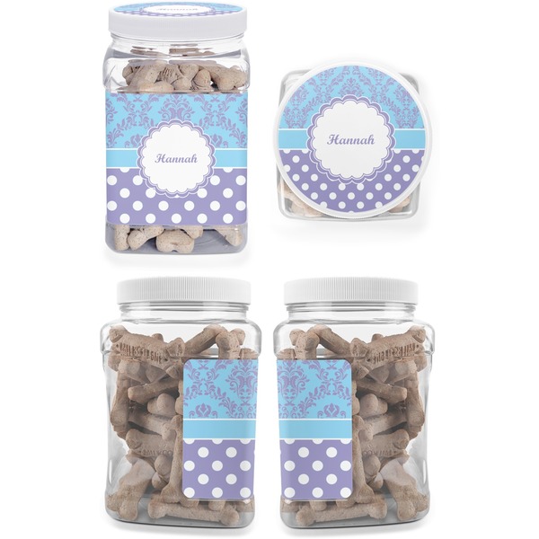 Purple Damask & Dots Pet Treat Jar - Multiple Angles