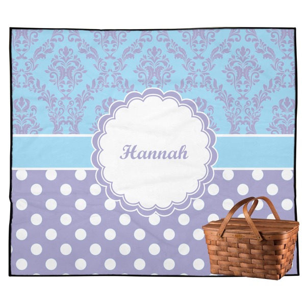 Custom Purple Damask & Dots Outdoor Picnic Blanket (Personalized)