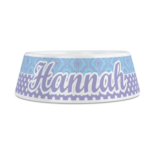 Purple Damask & Dots Plastic Dog Bowls - Medium - FRONT