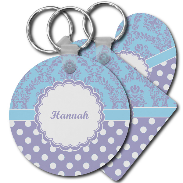 Custom Purple Damask & Dots Plastic Keychain (Personalized)