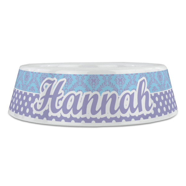 Purple Damask & Dots Plastic Pet Bowls - Large - FRONT