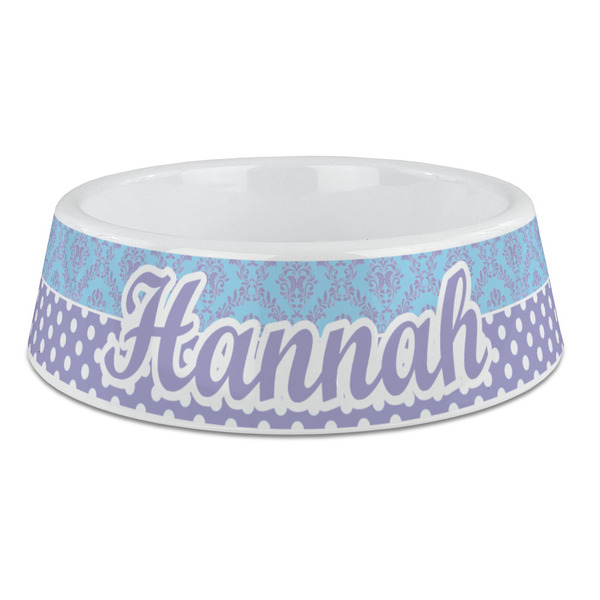 Custom Purple Damask & Dots Plastic Dog Bowl - Large (Personalized)