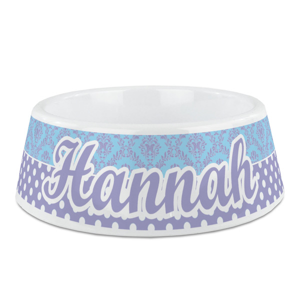 Custom Purple Damask & Dots Plastic Dog Bowl - Medium (Personalized)