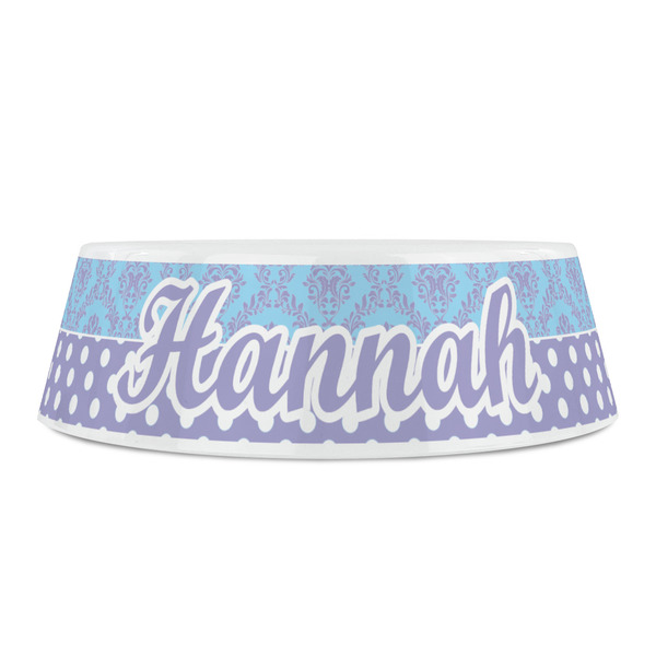 Purple Damask & Dots Plastic Pet Bowls - Small - FRONT