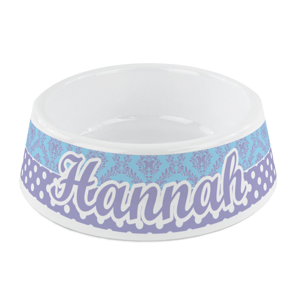 Custom Purple Damask & Dots Plastic Dog Bowl - Small (Personalized)