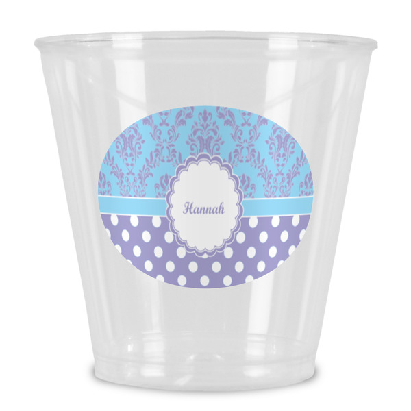 Custom Purple Damask & Dots Plastic Shot Glass (Personalized)