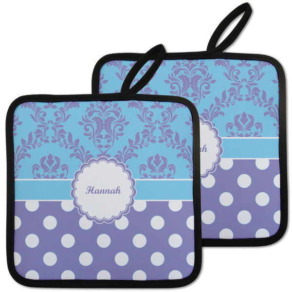Custom Purple Damask & Dots Pot Holders - Set of 2 w/ Name or Text