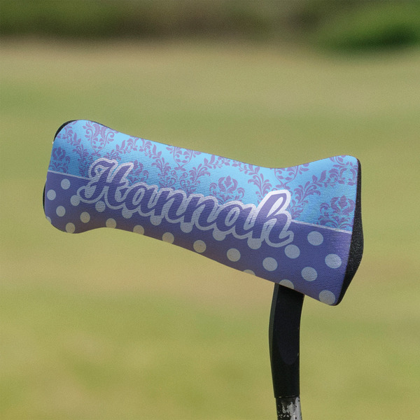 Purple Damask & Dots Putter Cover - On Putter