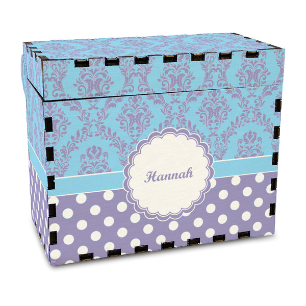 Custom Purple Damask & Dots Wood Recipe Box - Full Color Print (Personalized)