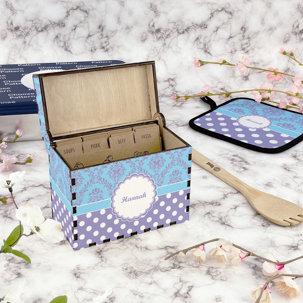 Purple Damask & Dots Recipe Box - Full Color - In Context
