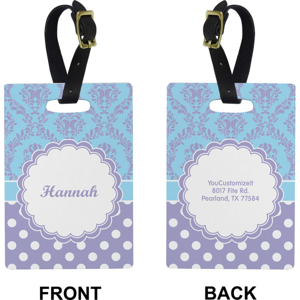 Purple Damask & Dots Rectangle Luggage Tag (Front + Back)