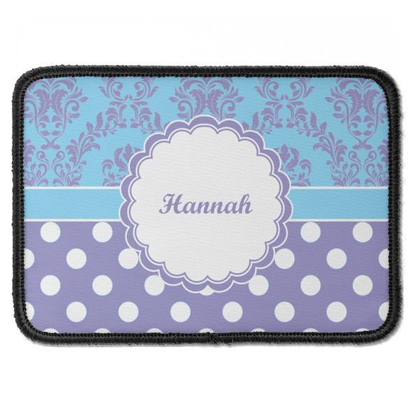 Custom Purple Damask & Dots Iron On Rectangle Patch w/ Name or Text