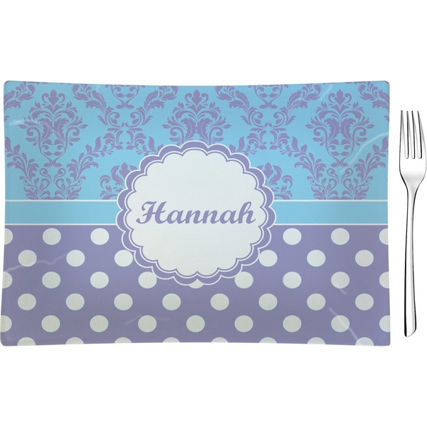 Custom Purple Damask & Dots Glass Rectangular Appetizer / Dessert Plate (Personalized)