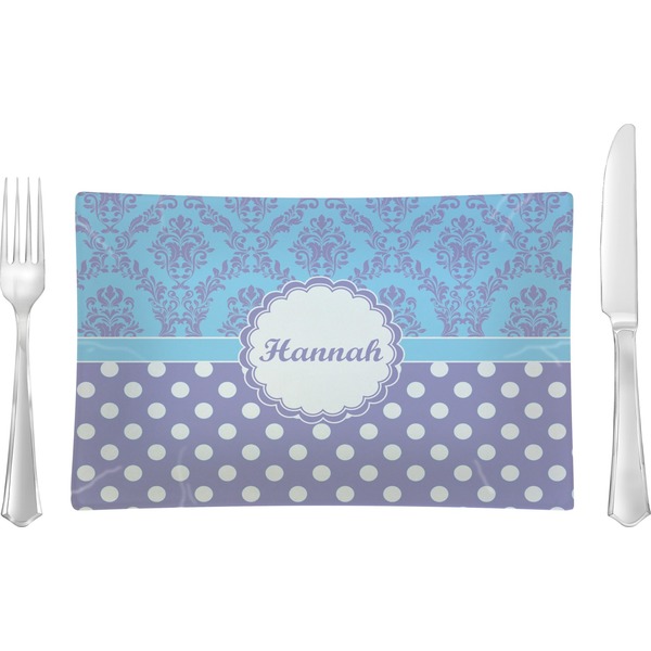Custom Purple Damask & Dots Glass Rectangular Lunch / Dinner Plate (Personalized)