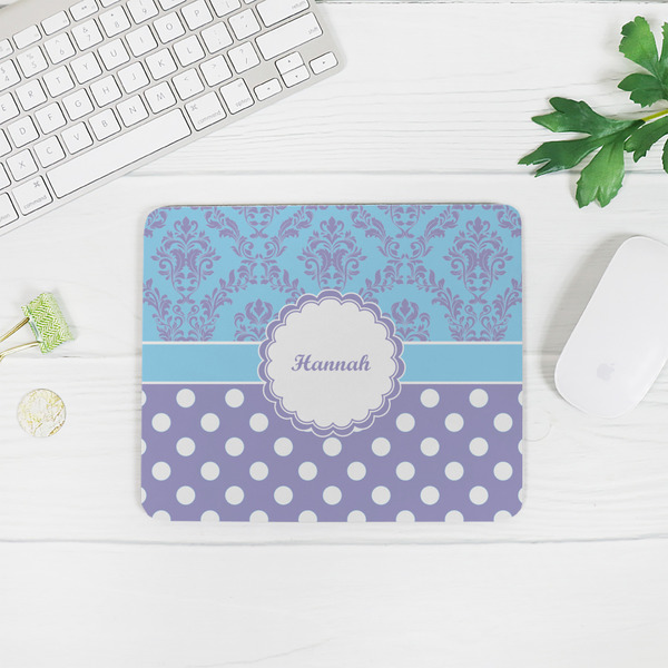Purple Damask & Dots Rectangular Mouse Pad - LIFESTYLE 2