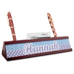 Purple Damask & Dots Red Mahogany Nameplate with Business Card Holder (Personalized)