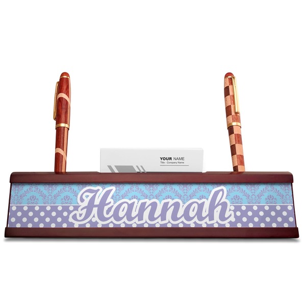 Purple Damask & Dots Red Mahogany Nameplates with Business Card Holder - Straight